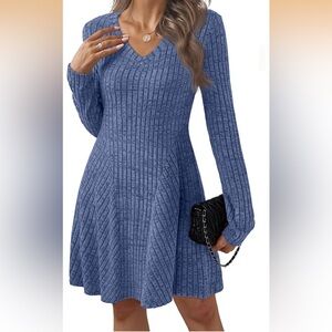 Elegant Long Sleeve Blue Knit Dress